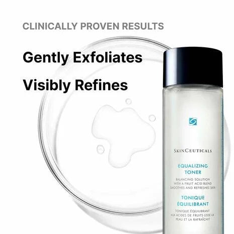 SkinCeuticals Equalizing Toner bottle with dropper and text about clinical proven results on a white background