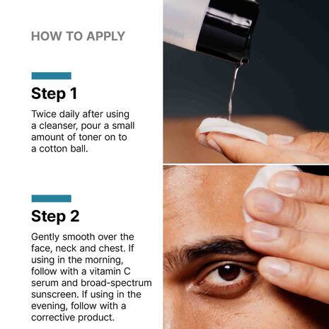 Instructions on how to apply toner with text and a visual of a hand holding a cotton ball.