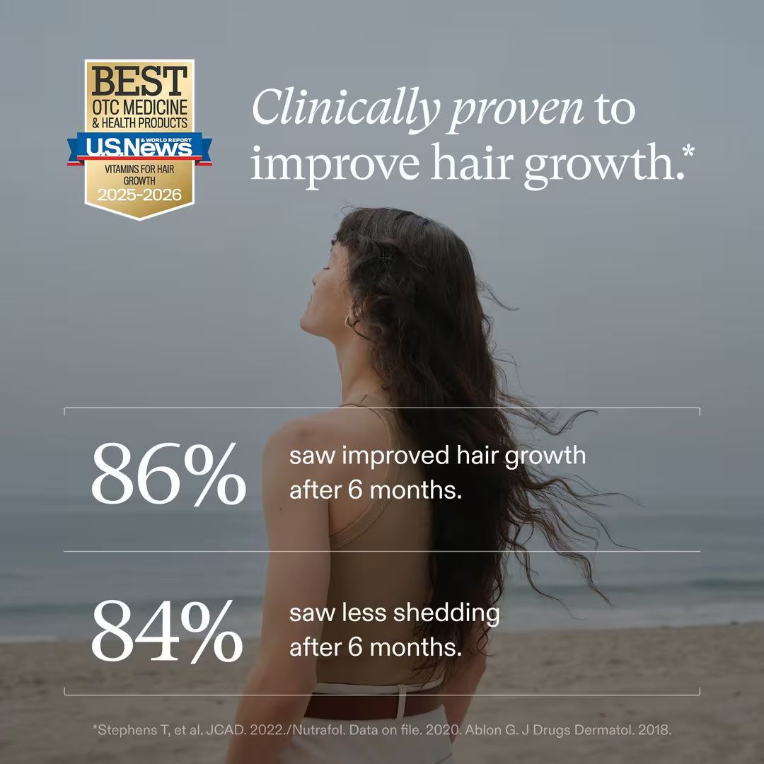 Woman on a beach with text about hair growth product efficacy, featuring US News &amp; World Report logo.