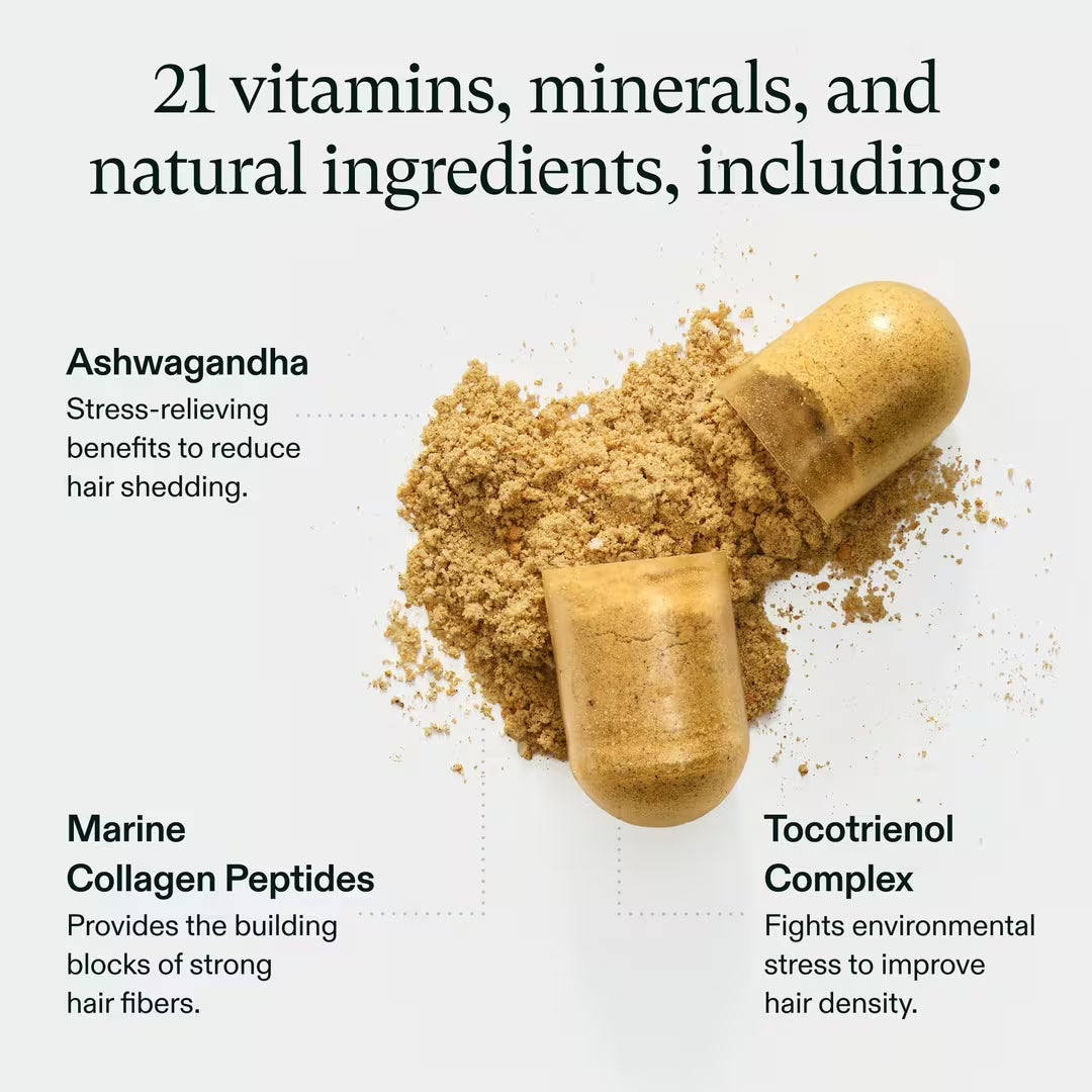 Supplement capsules with powders and text about vitamins, minerals, and natural ingredients on a light background