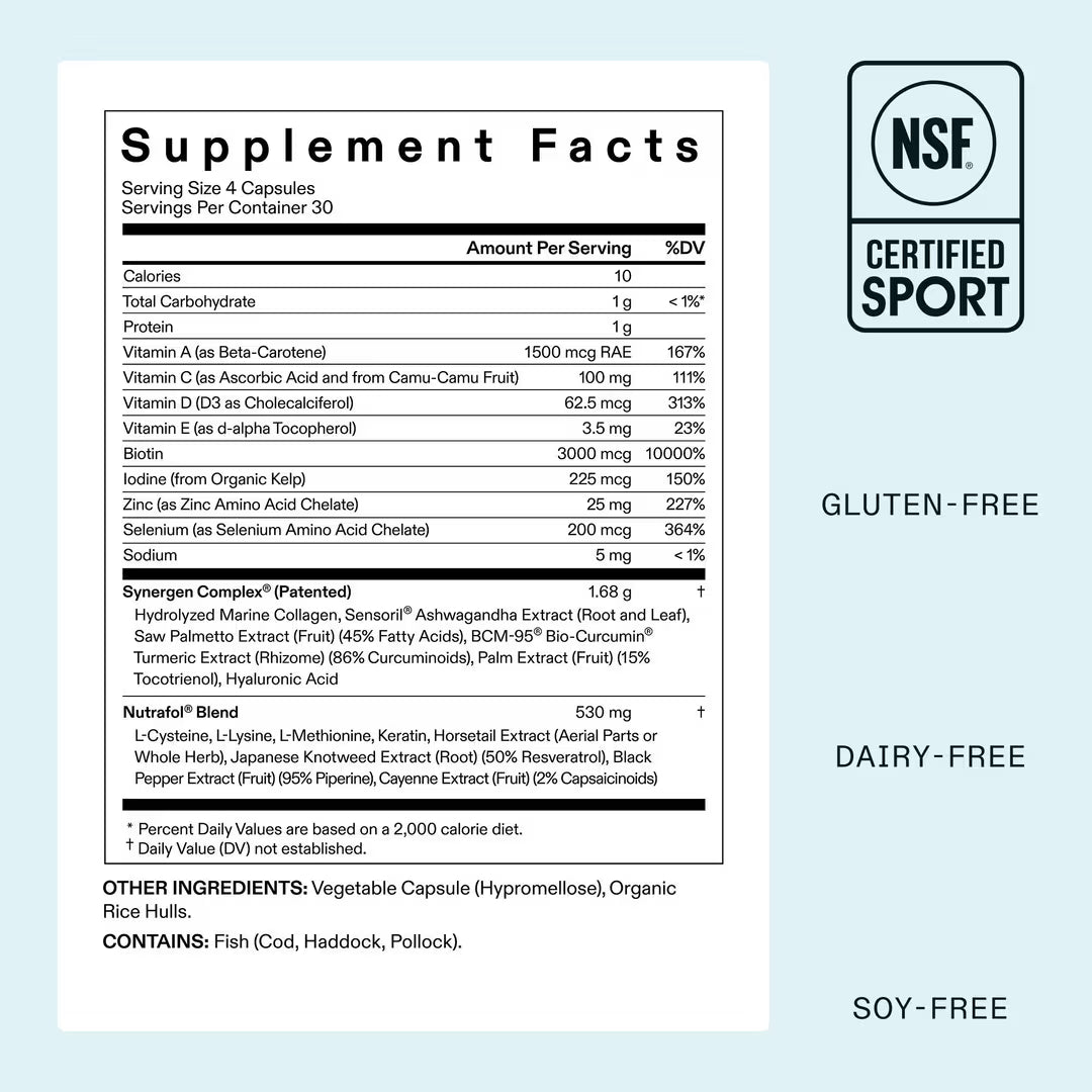 Supplement label with NSF certification on a light blue background