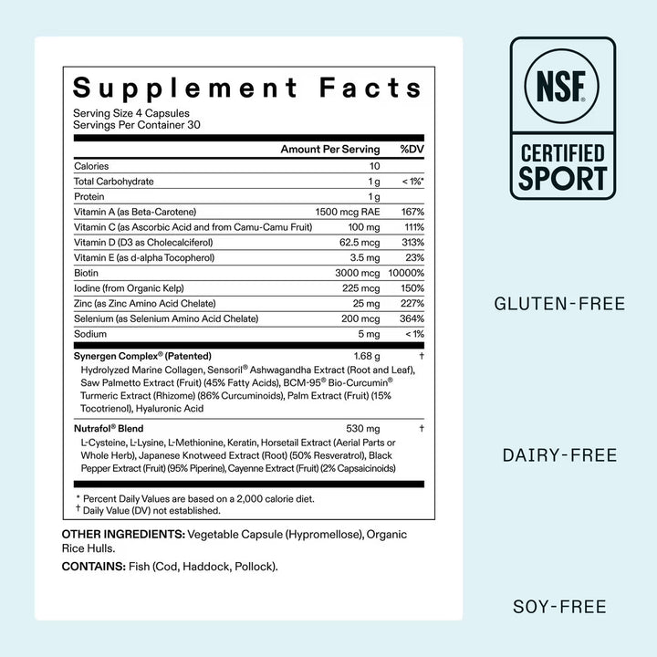 Supplement label with NSF certification on a light blue background