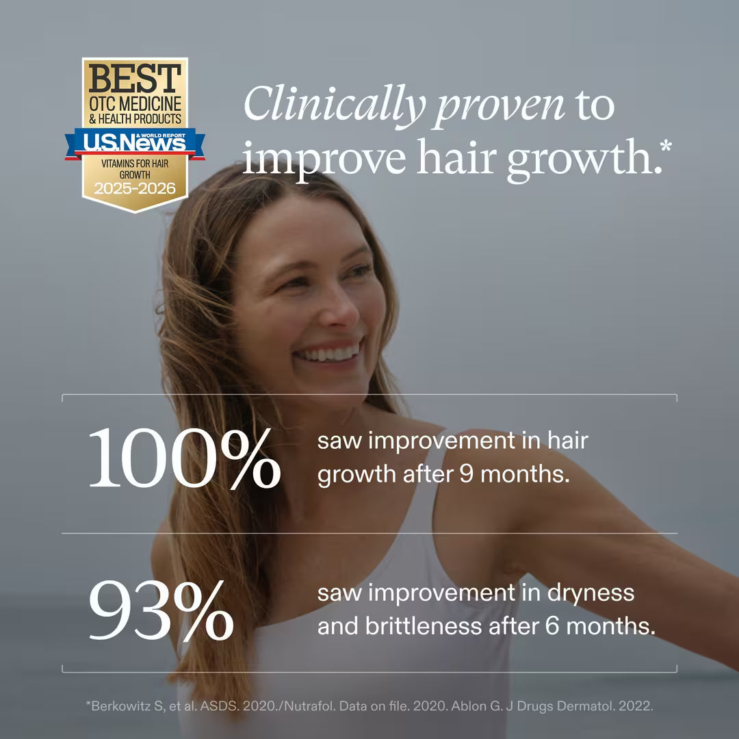 Advertisement for a hair growth product with a woman and text on a gray background