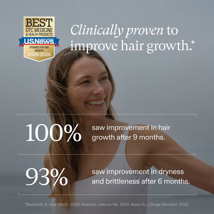 Advertisement for a hair growth product with a woman and text on a gray background