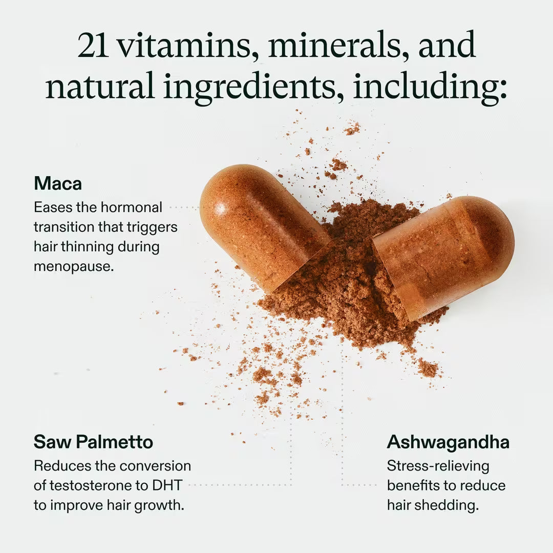 Two capsules with a brown powder and text about vitamins, minerals, and natural ingredients on a white background.