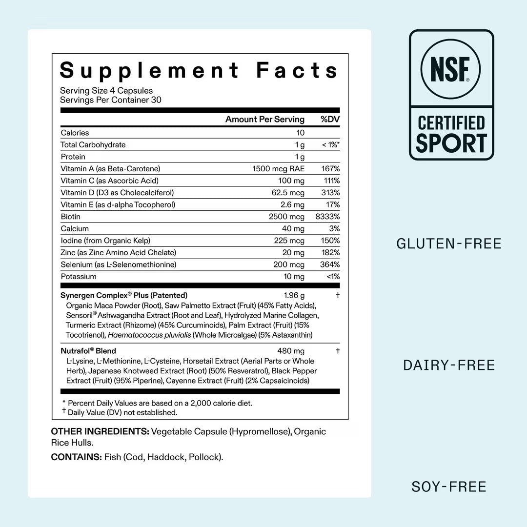 Supplement label with NSF Certified Sport logo on a light blue background