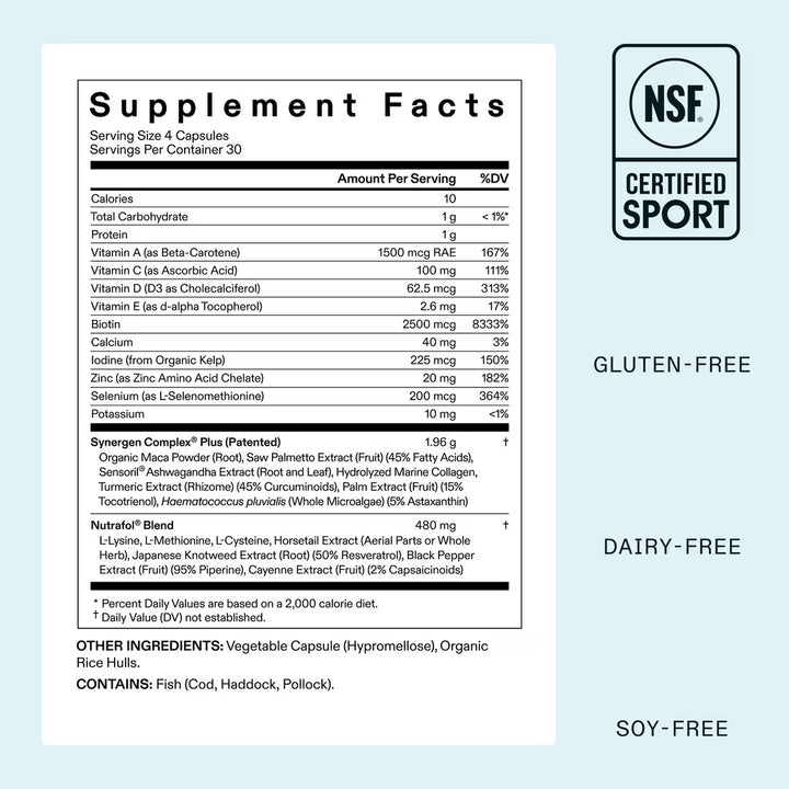 Supplement label with NSF Certified Sport logo on a light blue background