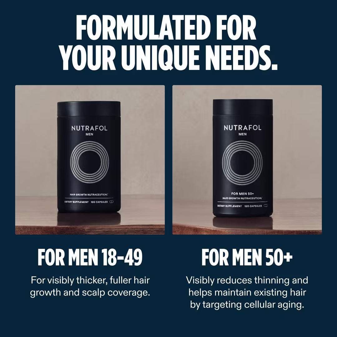 Two black Nutrafol containers on a wooden surface with text about product formulations for men.