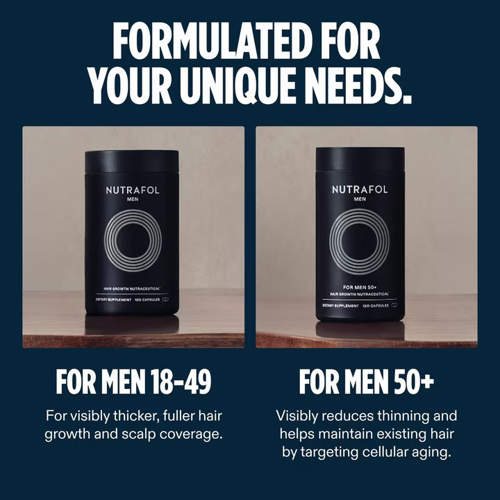 Two black Nutrafol containers on a wooden surface with text about product formulations for men.