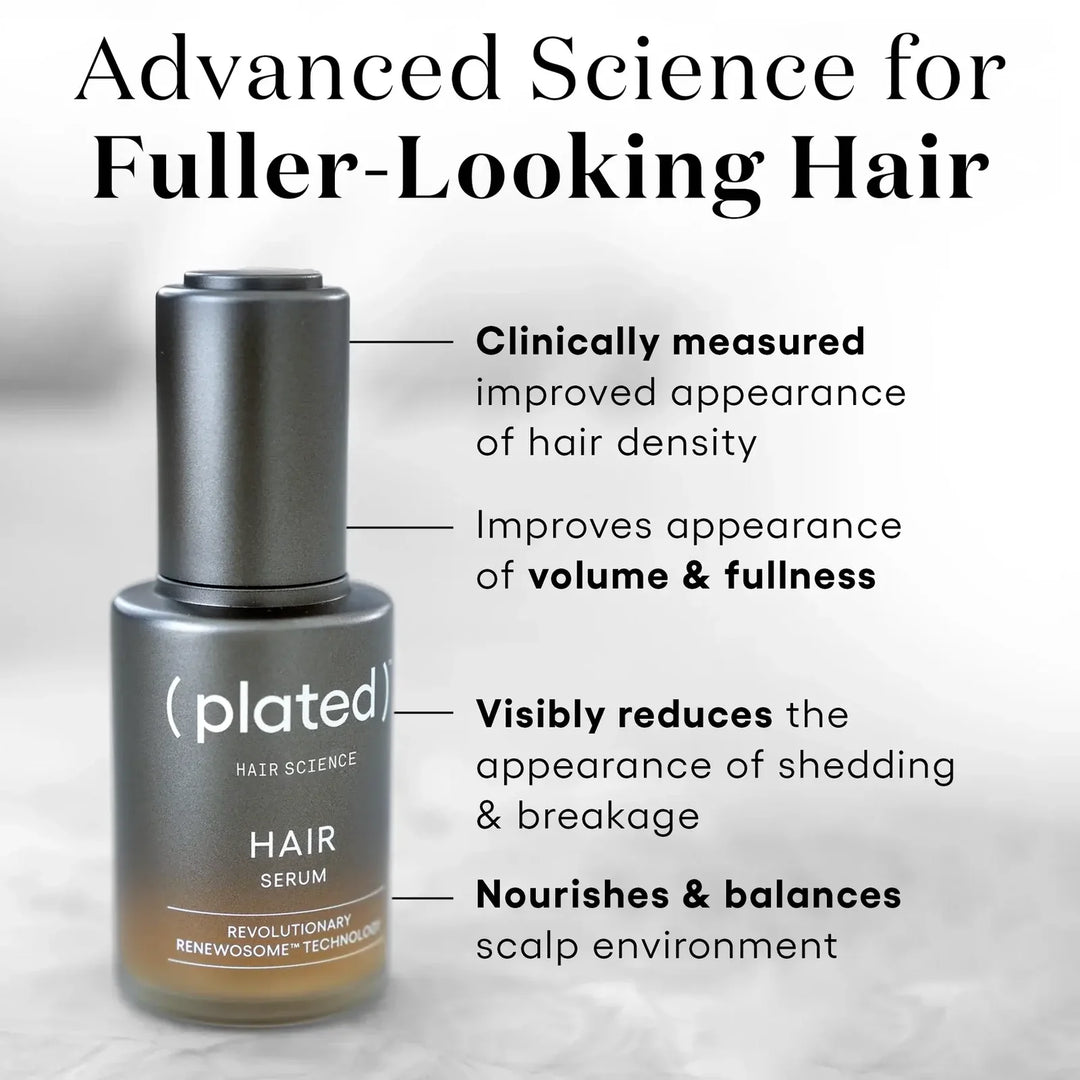 Product packaging for a hair care solution with text on a dark background