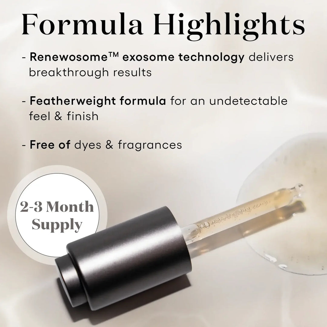 Cosmetic applicator with text highlighting exosome technology, featherweight formula, and dye/fragrance-free properties.