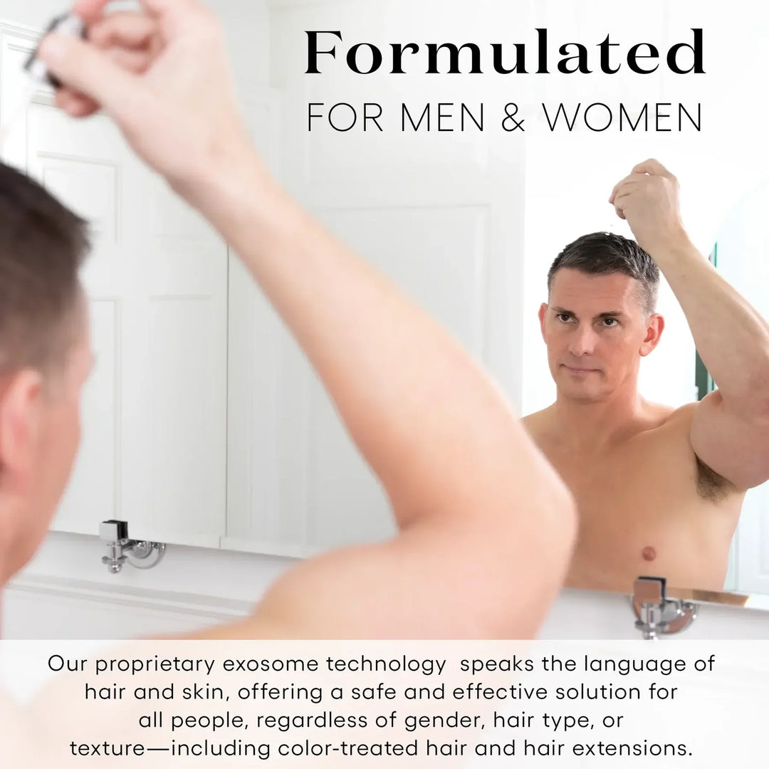 Man using a product on his scalp, text about exosome technology for hair and skin.