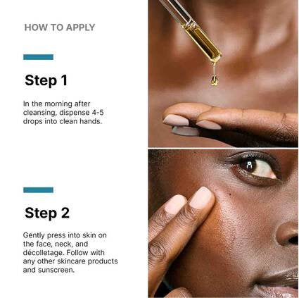 Instructions on how to apply skincare product with close-up of skin and dropper.
