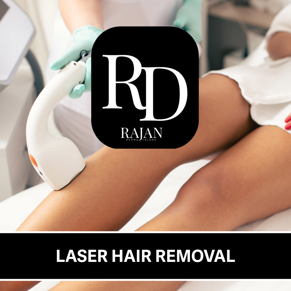 Laser hair removal procedure with 'Rajan Dermatology' logo.