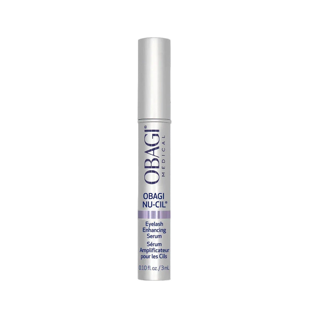 Obagi Nu-Cil eyelash enhancing serum bottle on a gray background