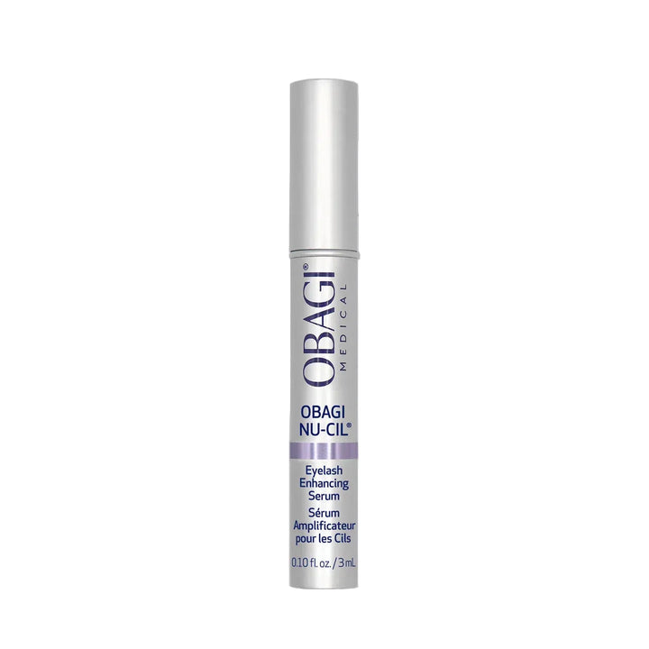 Obagi Nu-Cil eyelash enhancing serum bottle on a gray background