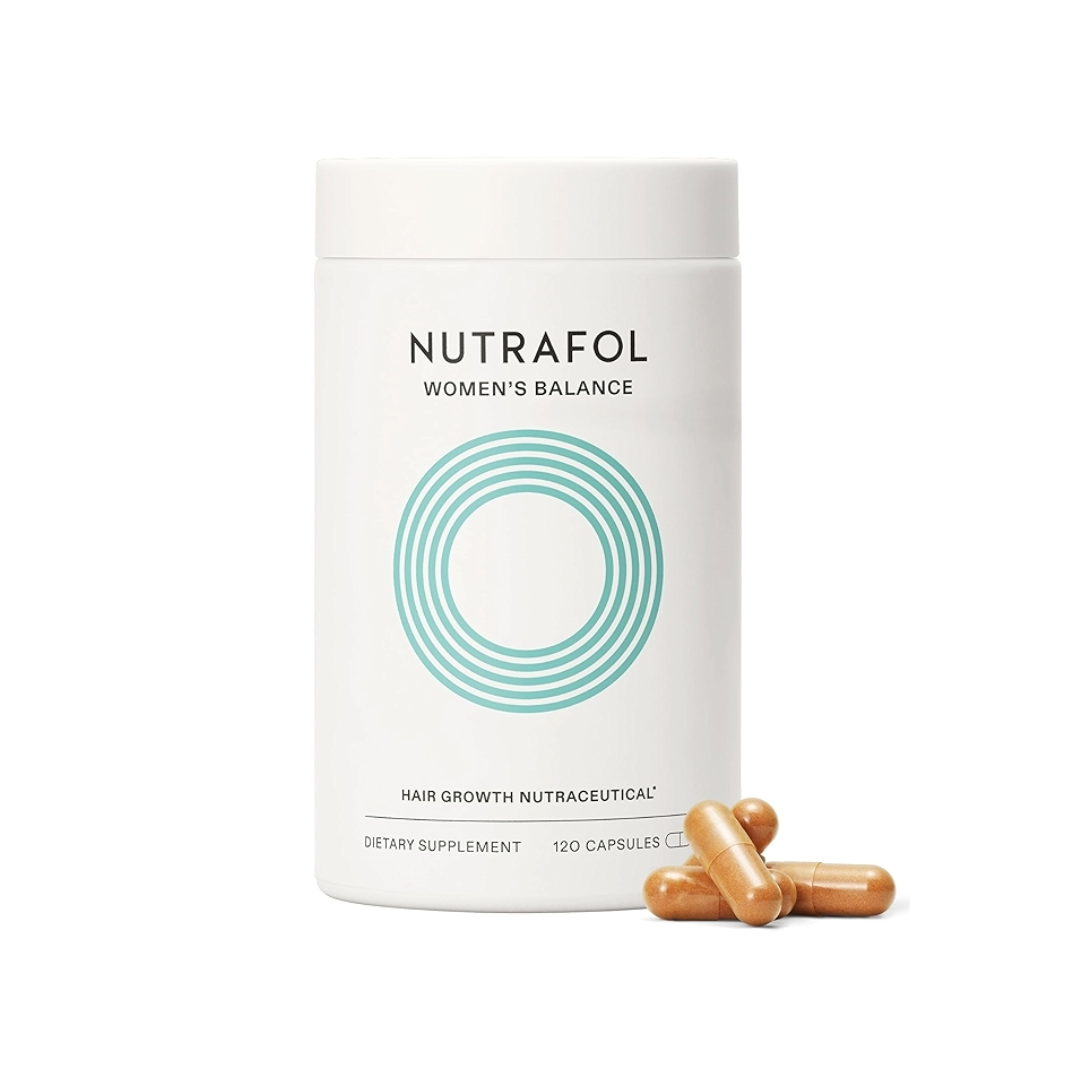 Nutrafol Women's Balance hair growth supplement container with capsules on a white background